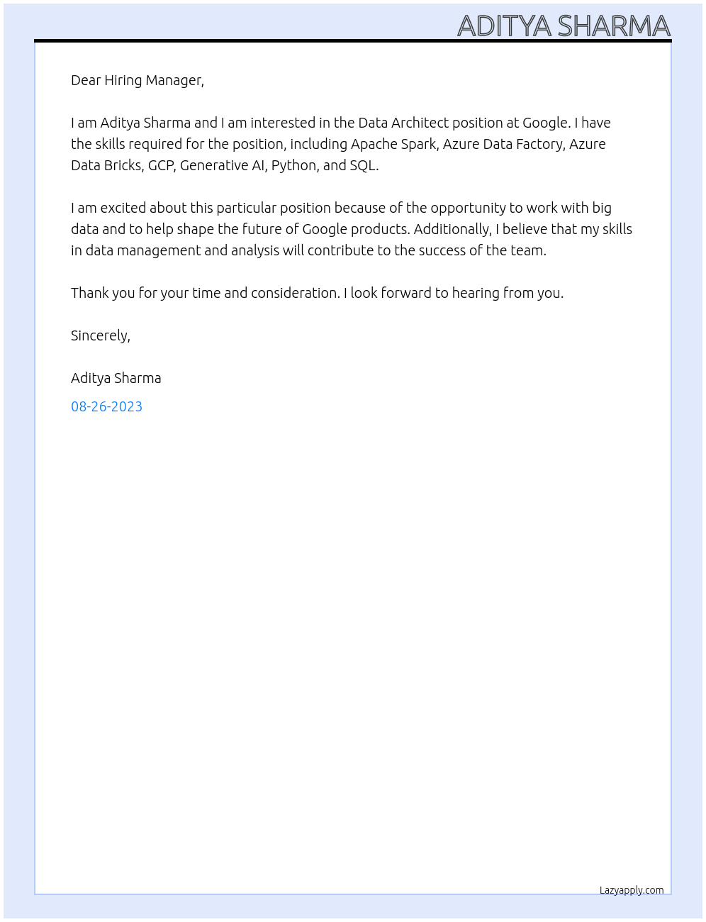 Data Architect At Google Cover Letter