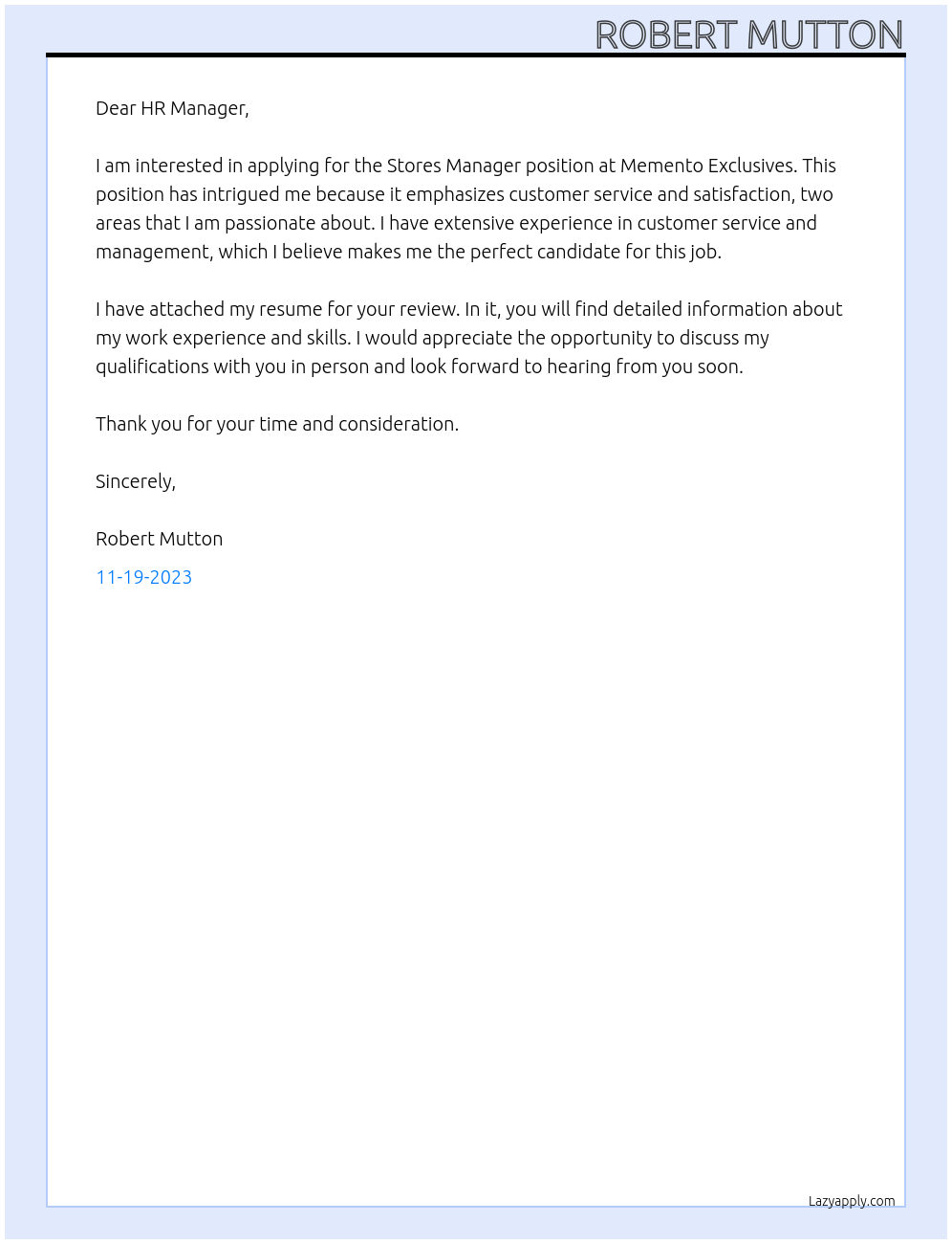 Stores Manager At Memento Exclusives Cover Letter