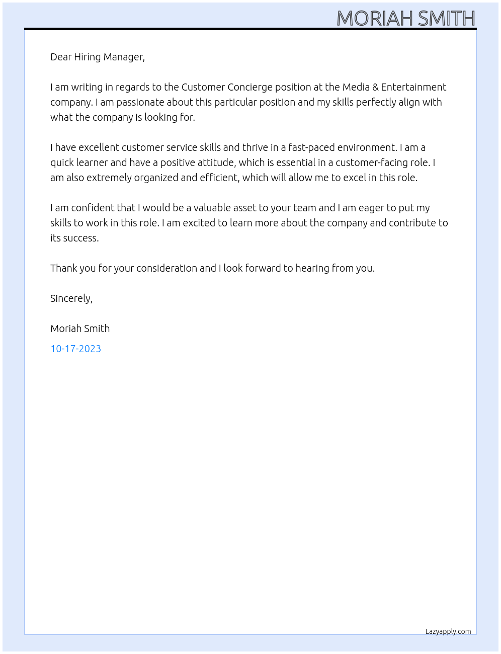 Customer Concierge At Media & Entertainment company Cover Letter