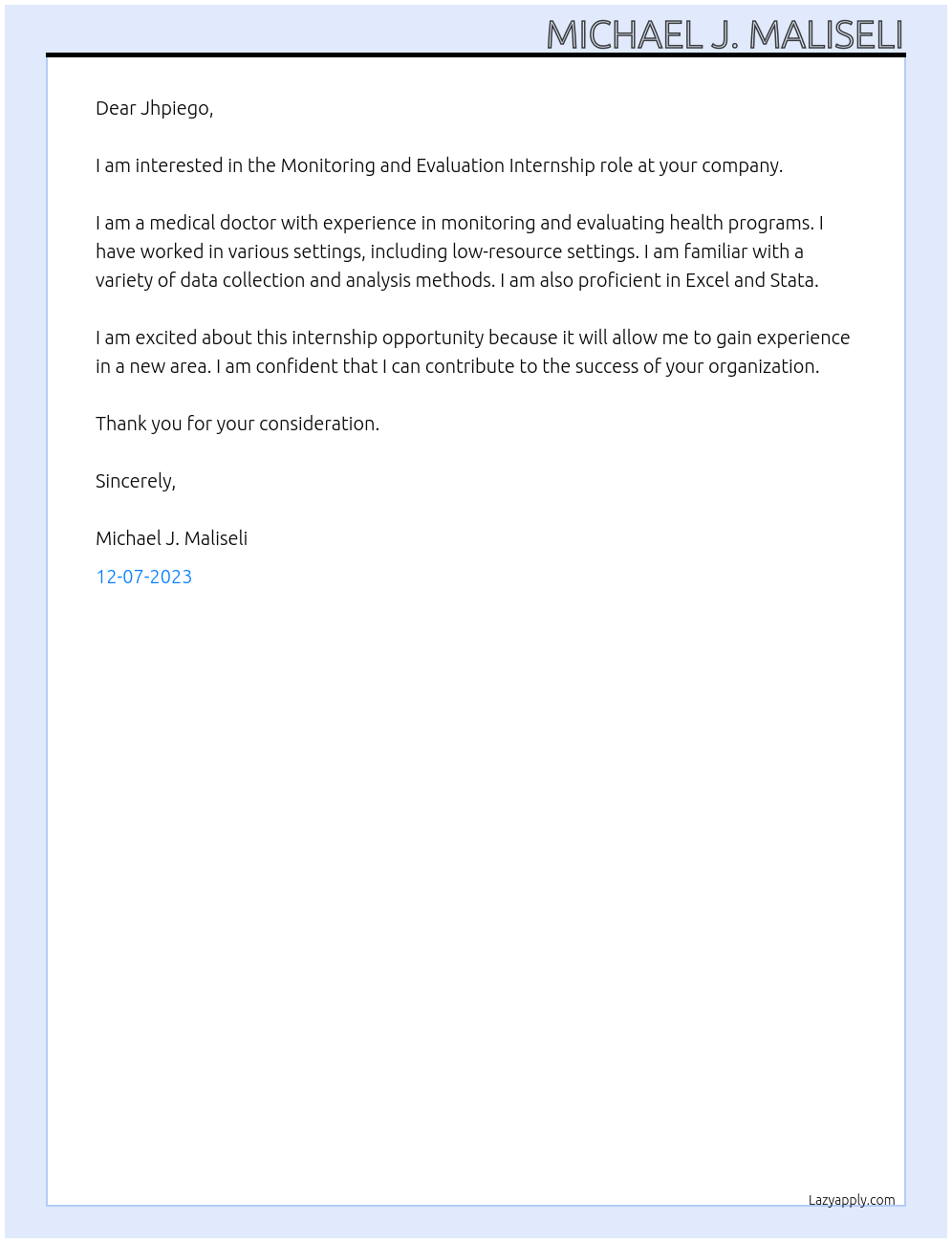 Medical doctor At Monitoring and evaluation intern Cover Letter