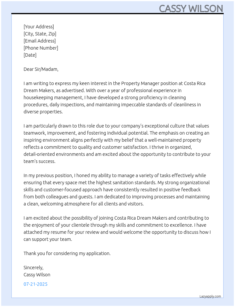Cover letter for property manager - LazyApply