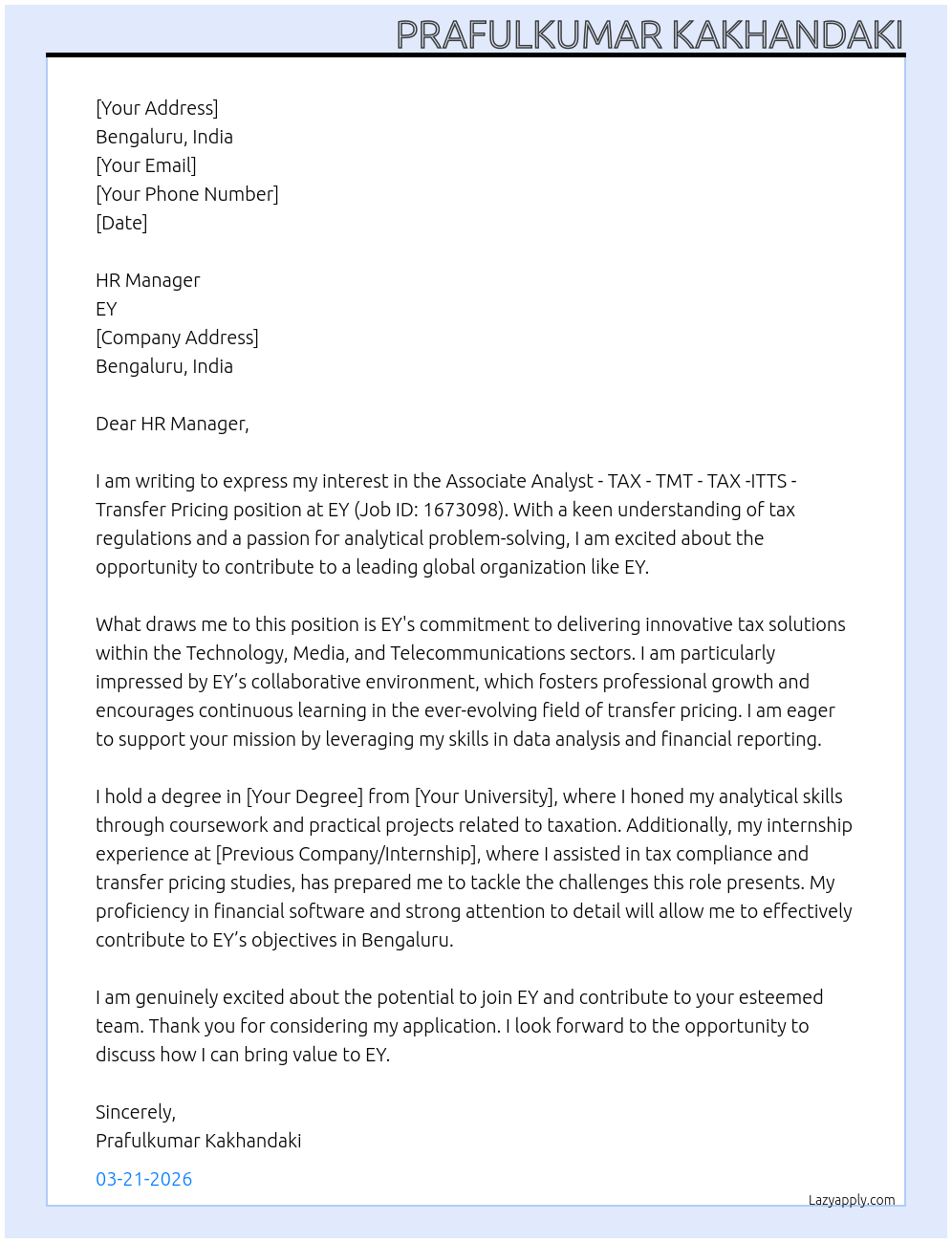 Associate Analyst -TAX - TMT - TAX -ITTS - Transfer Pricing - Bangalore (1673098) At EY Cover Letter