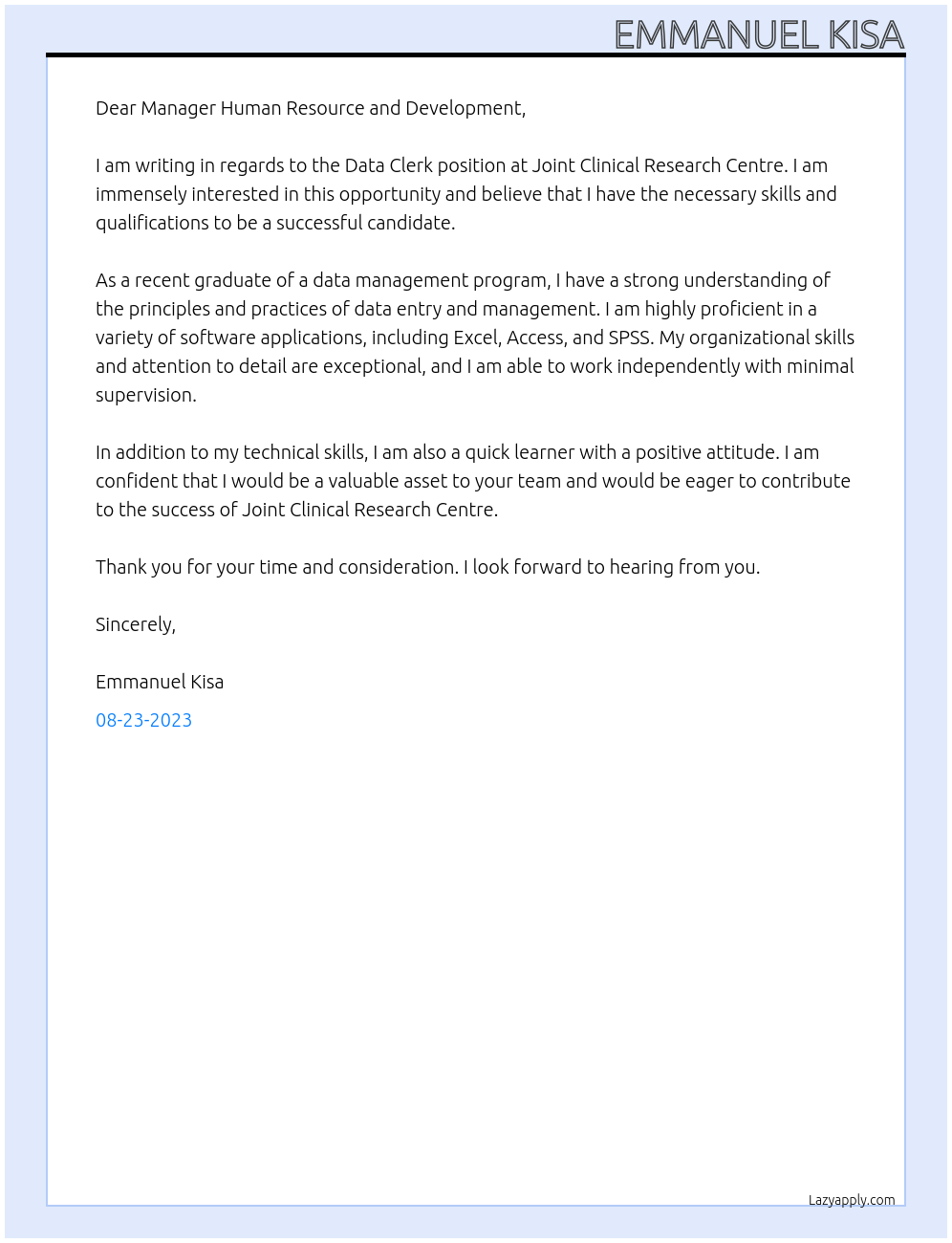 Data Clerk At Joint Clinical Research Centre Cover Letter