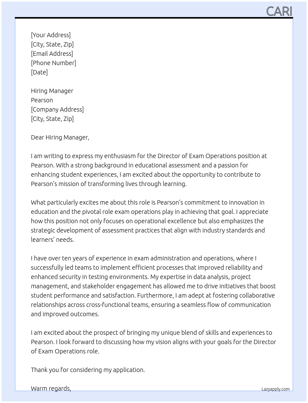 Director of Exam Operations At Pearson Cover Letter