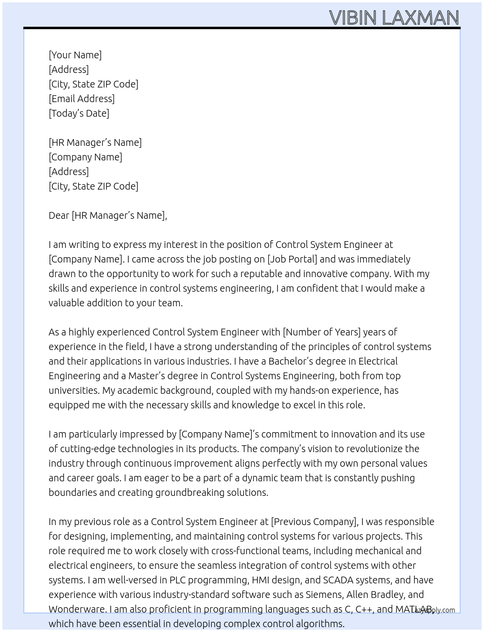 CONTROL SYSTEM ENGINEER At xxxxx Cover Letter