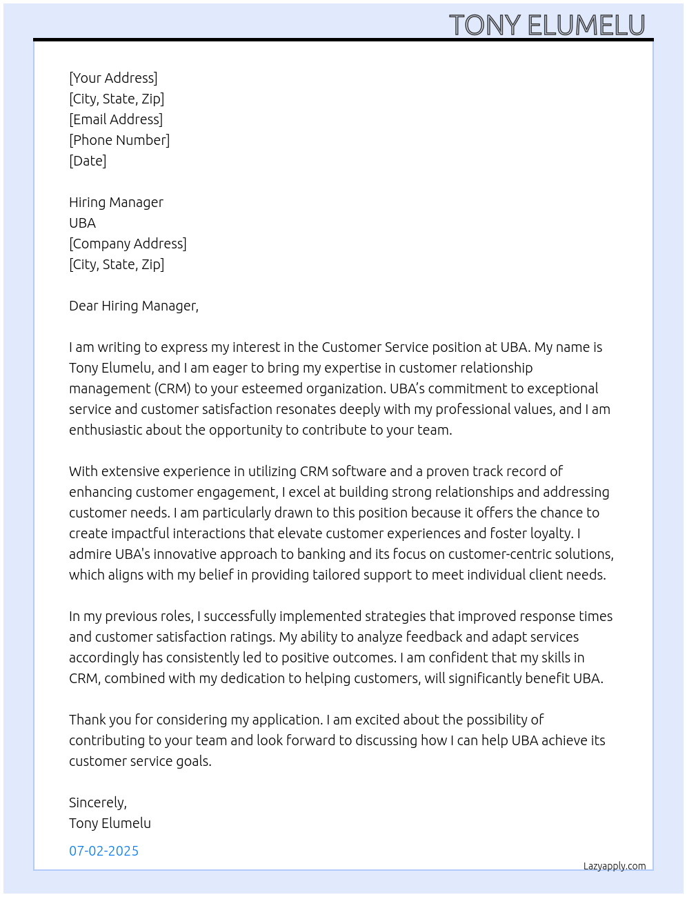 Customer Service At UBA Cover Letter