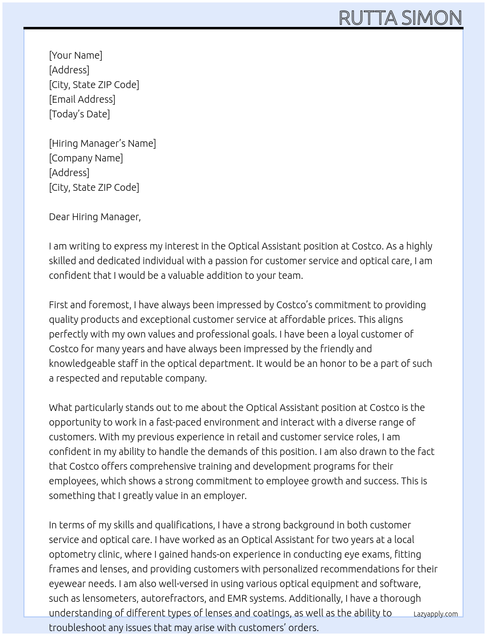 Optical assistant At Costco Cover Letter