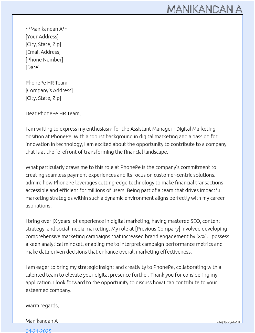 Assitant Manager - Digital Marketing At Phone Pe Cover Letter