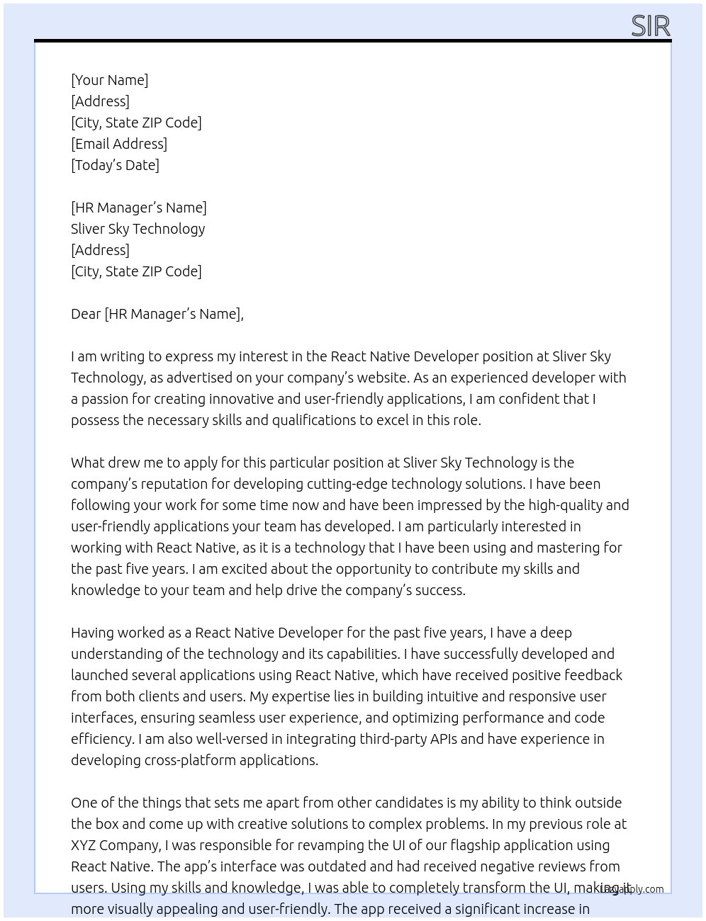 React Native Developer At Sliver Sky Technology Cover Letter