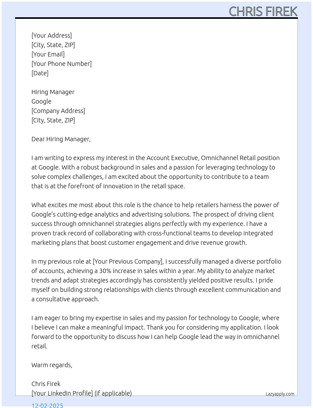 Account Executive, Omnichannel Retail At Google Cover Letter