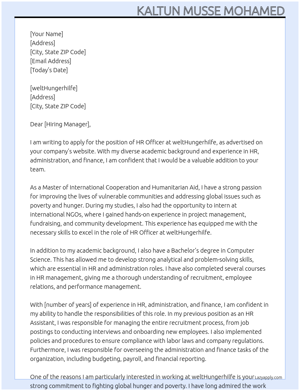 HR officer At weltHungerhilfe Cover Letter
