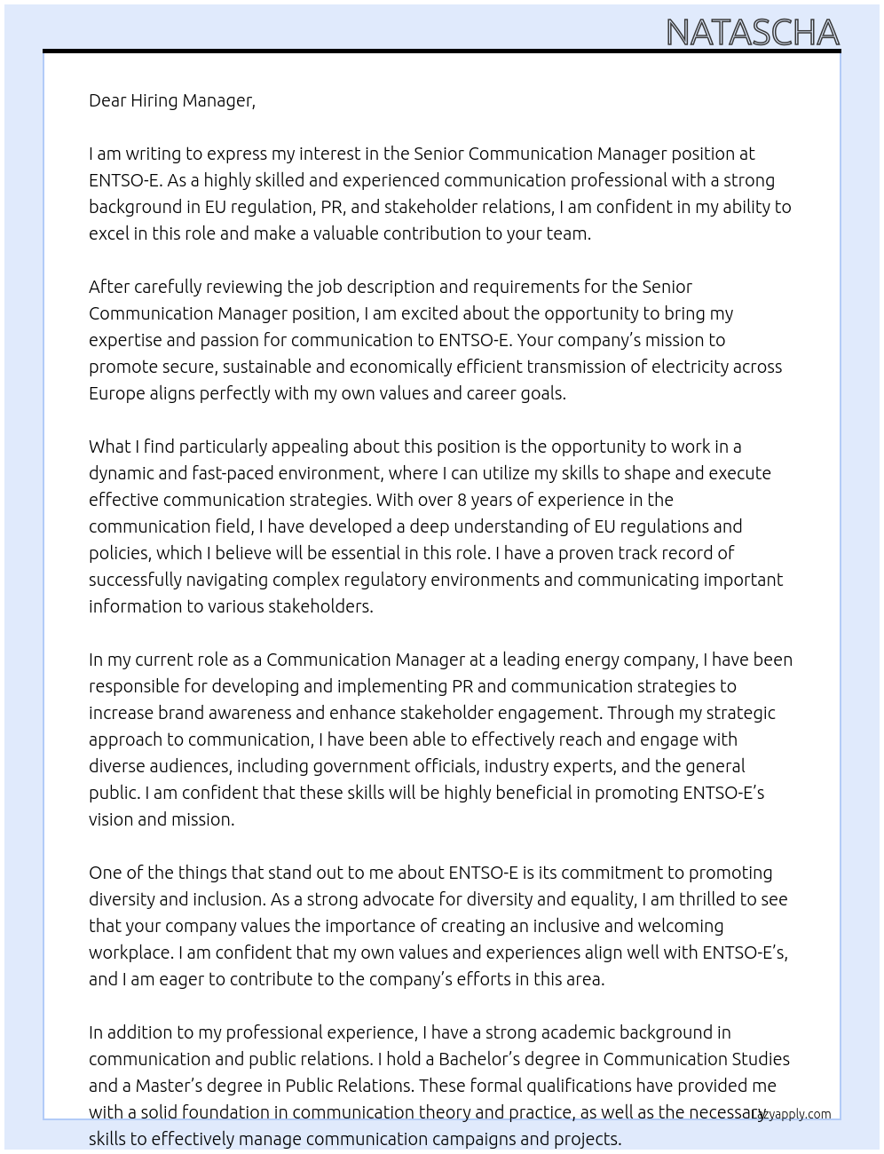 Cover letter for senior communication manager - LazyApply