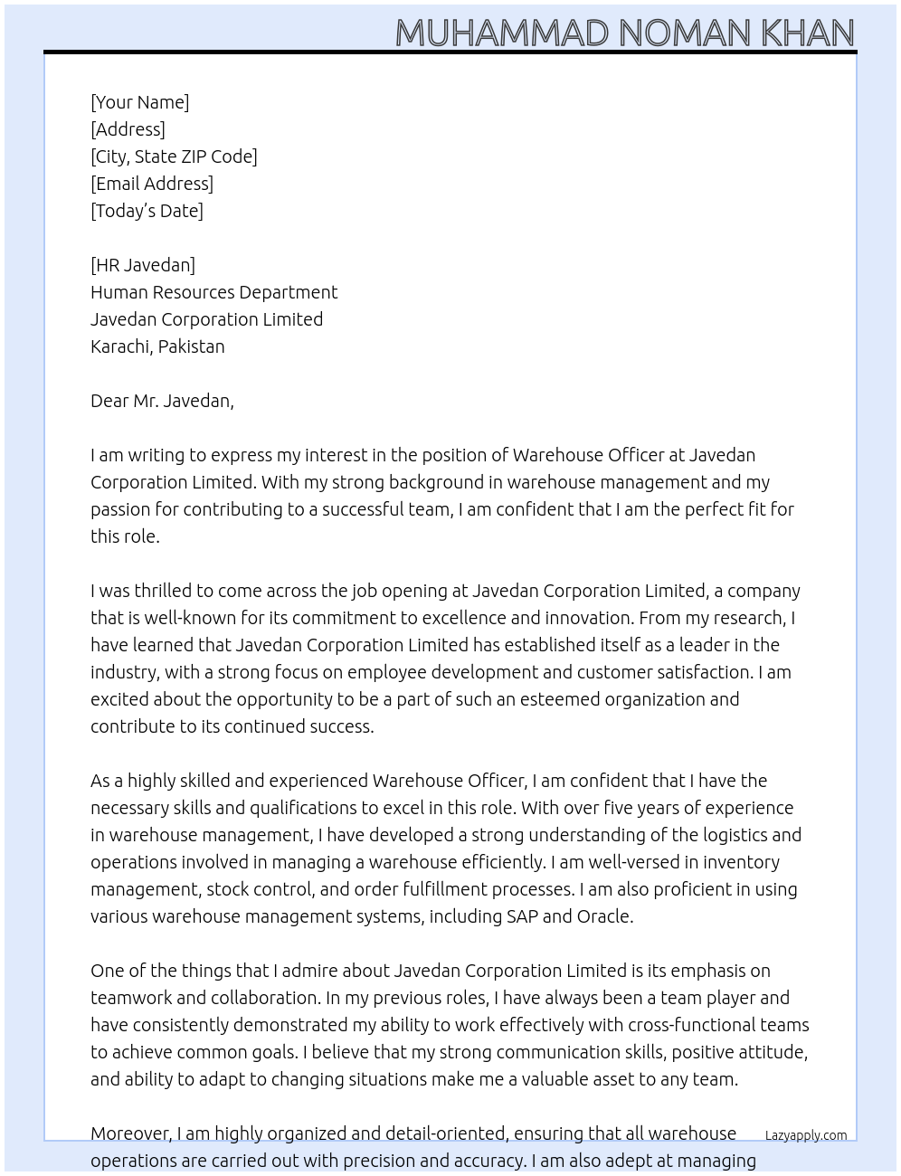 Warehouse Officer At Javedan Corporation Limited - Karachi Cover Letter