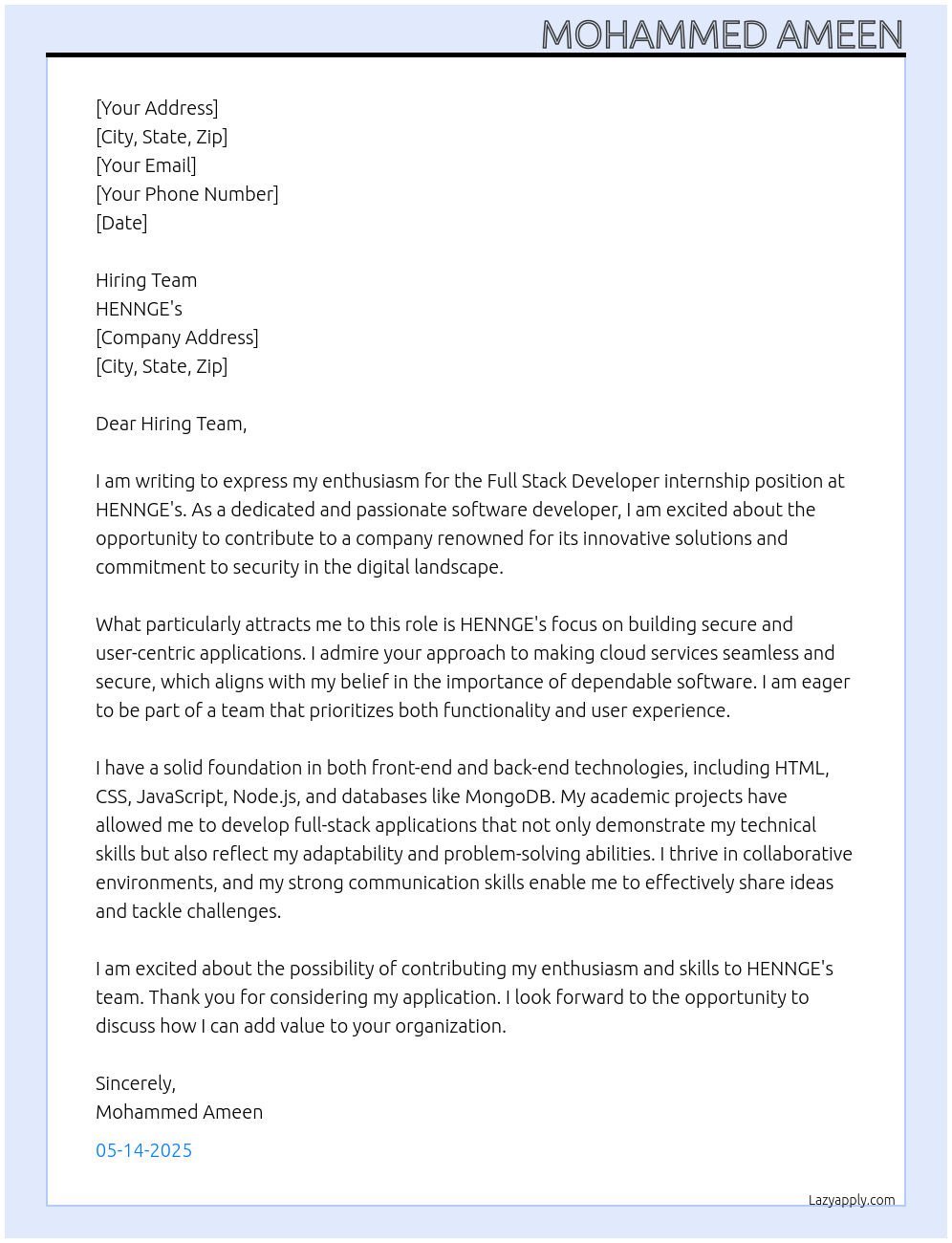 full stack developer At HENNGE's Cover Letter