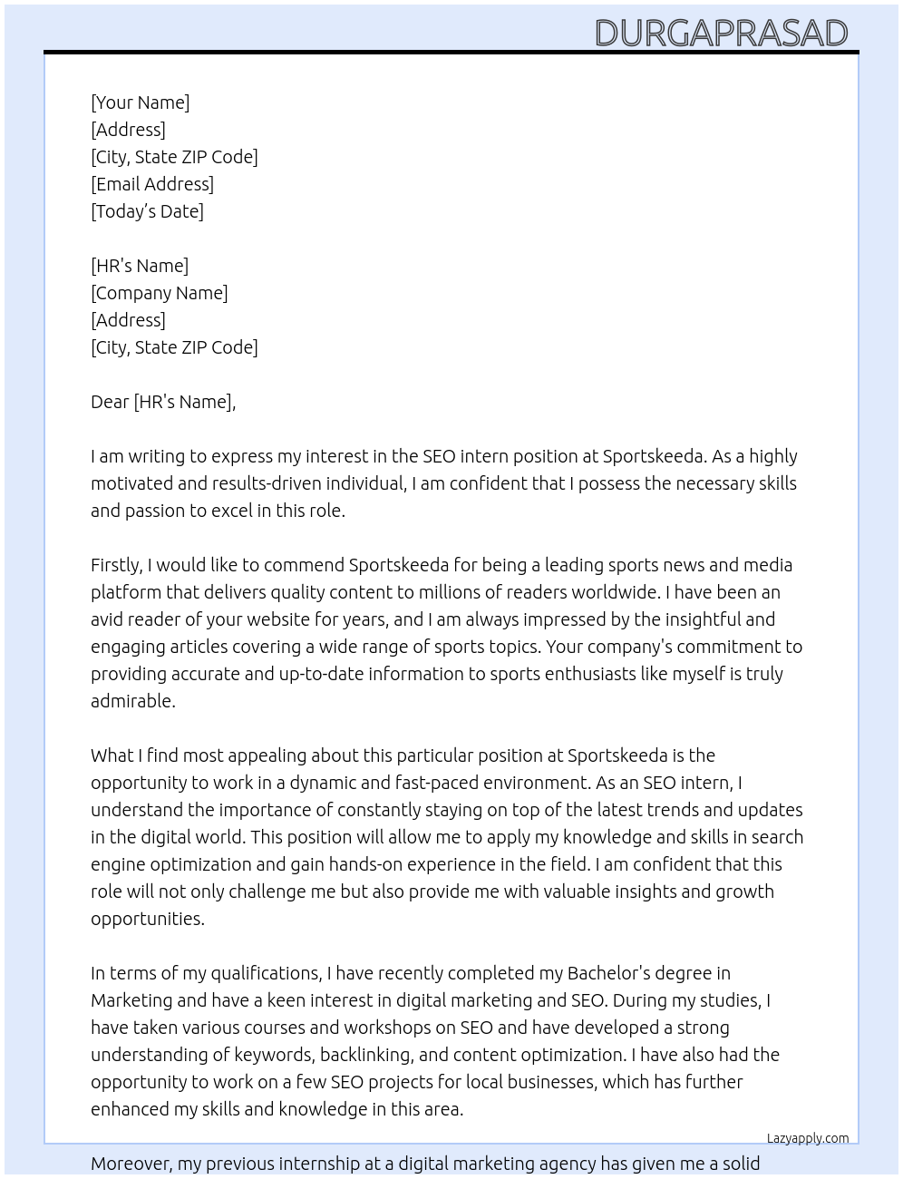 Seo intern At Sportskeeda Cover Letter