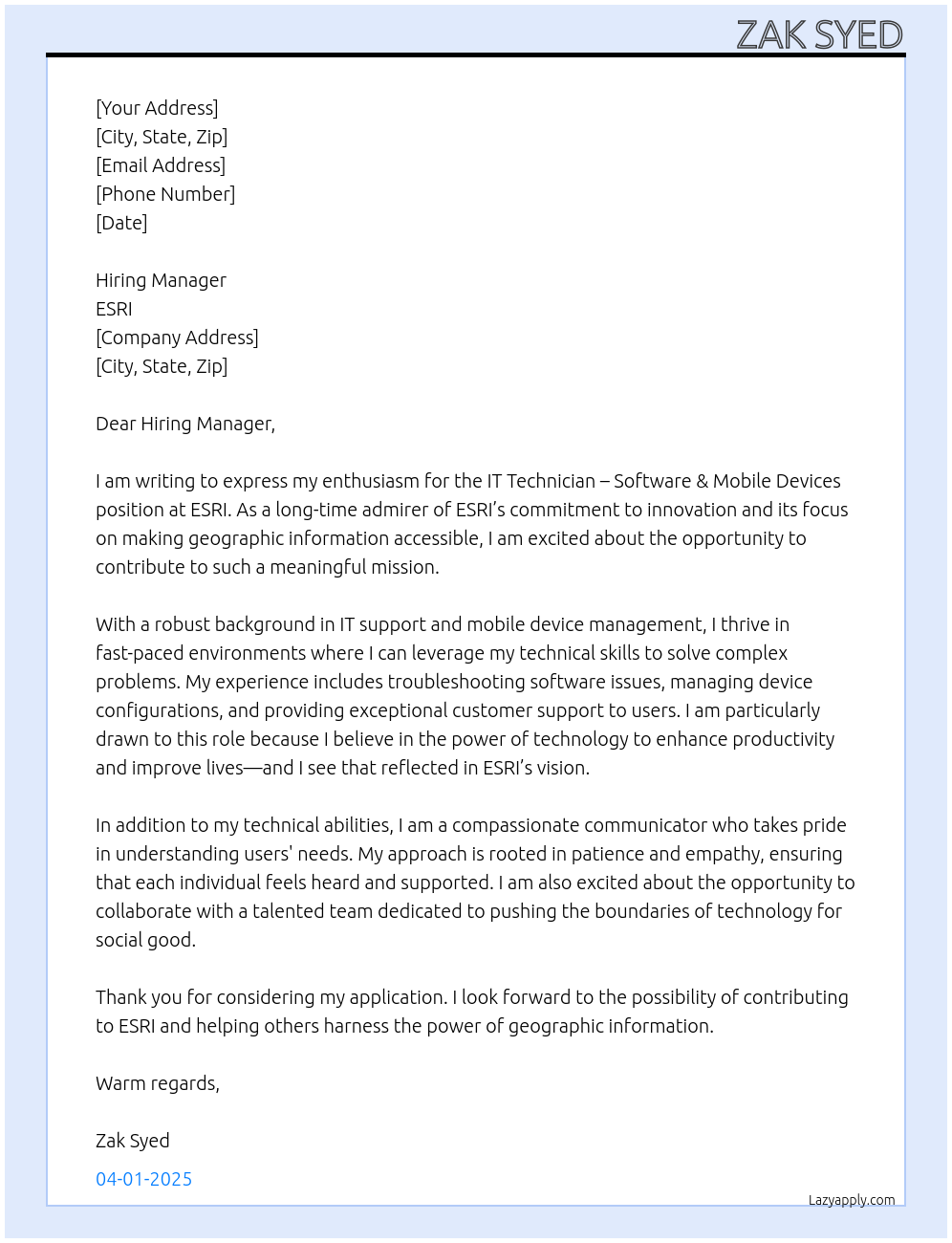 Cover letter for it technician- software & mobile devices - LazyApply