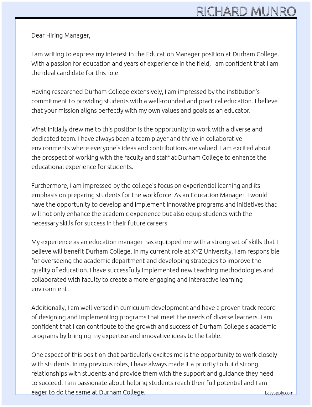 Education Manager At Durham College Cover Letter