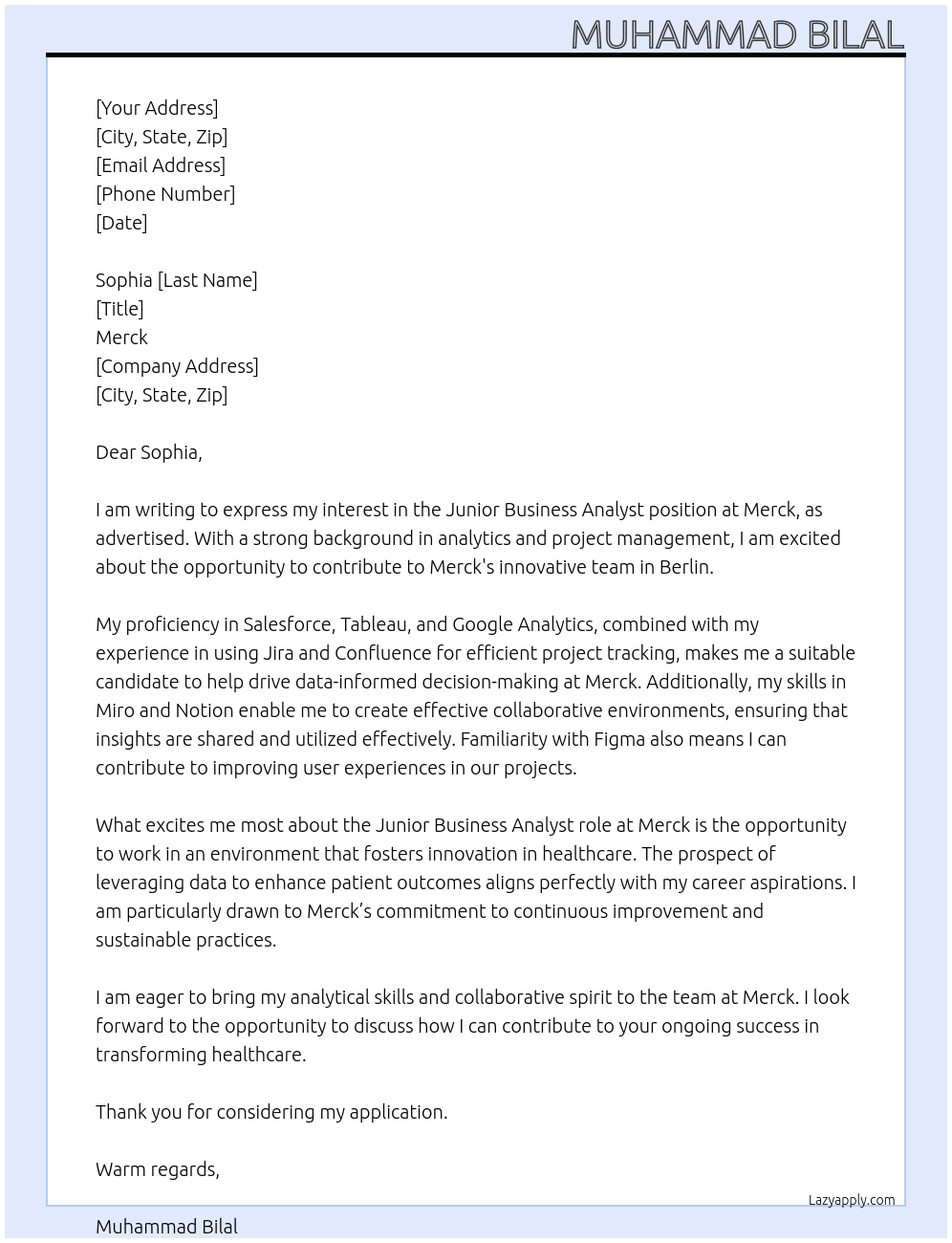 Junior business analyst At Merck Cover Letter