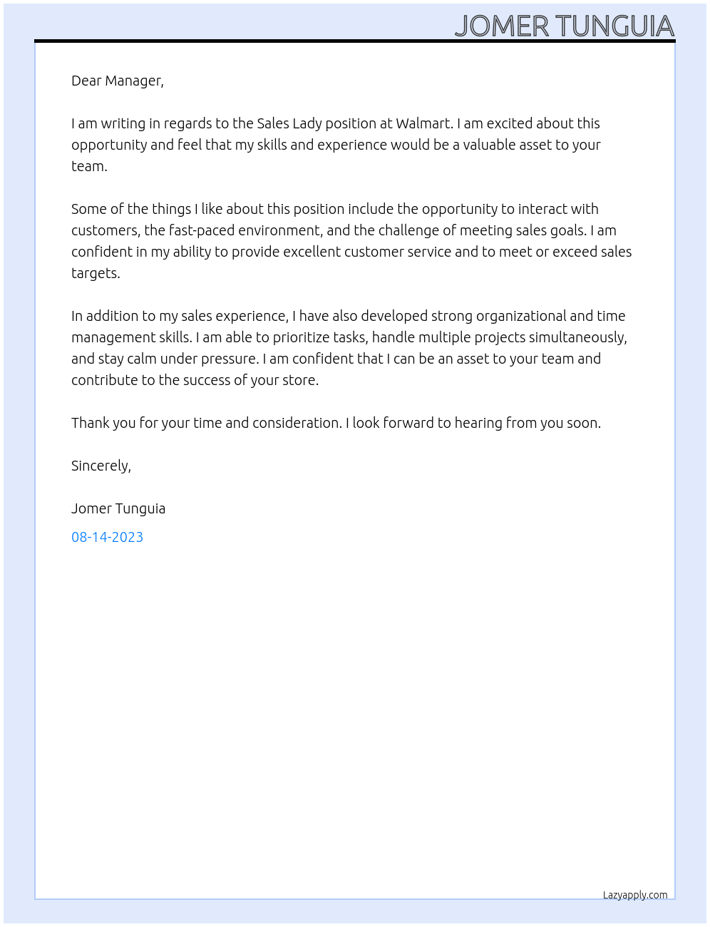 Sales lady At Walmart Cover Letter