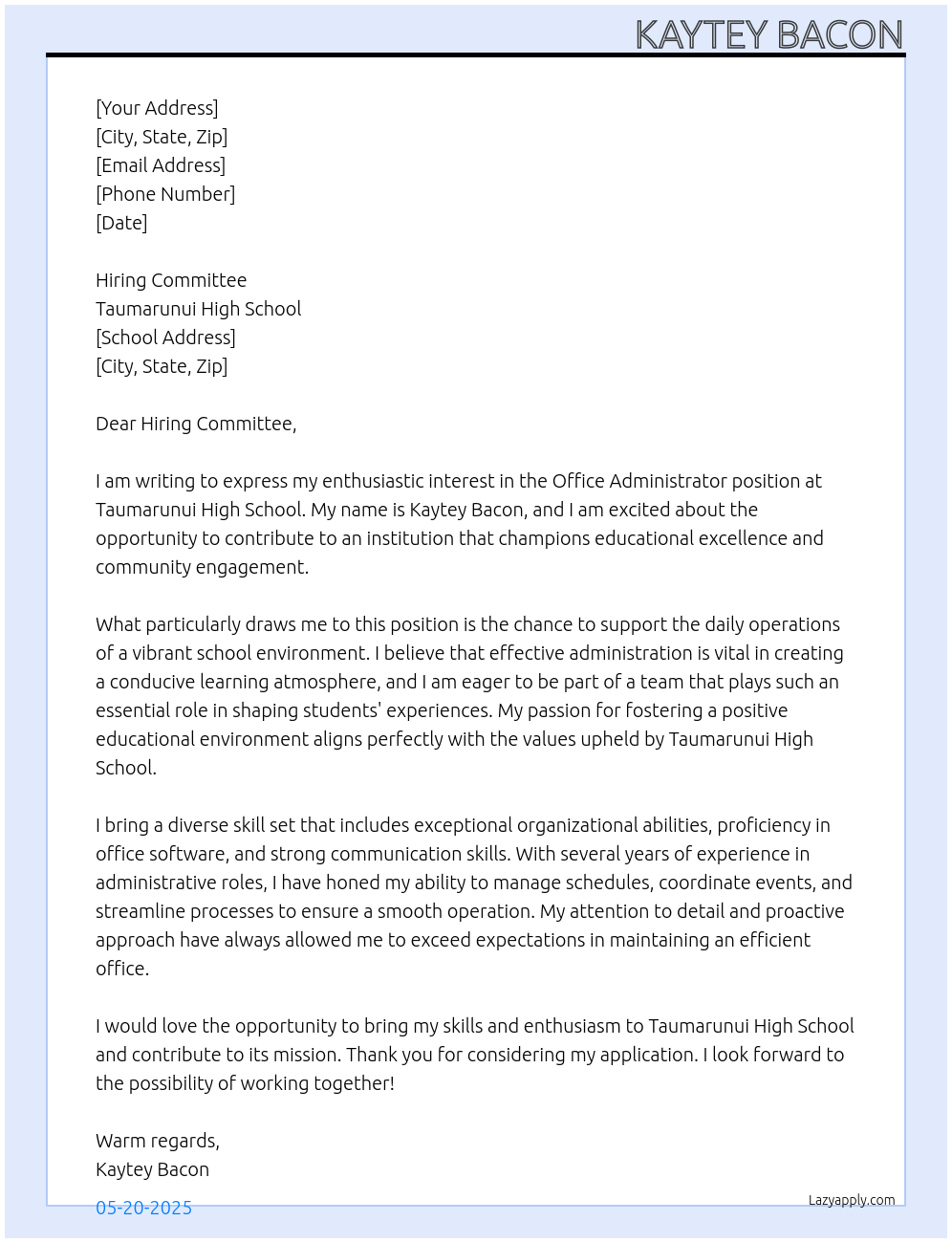 Office administrator At Taumarunui High School Cover Letter