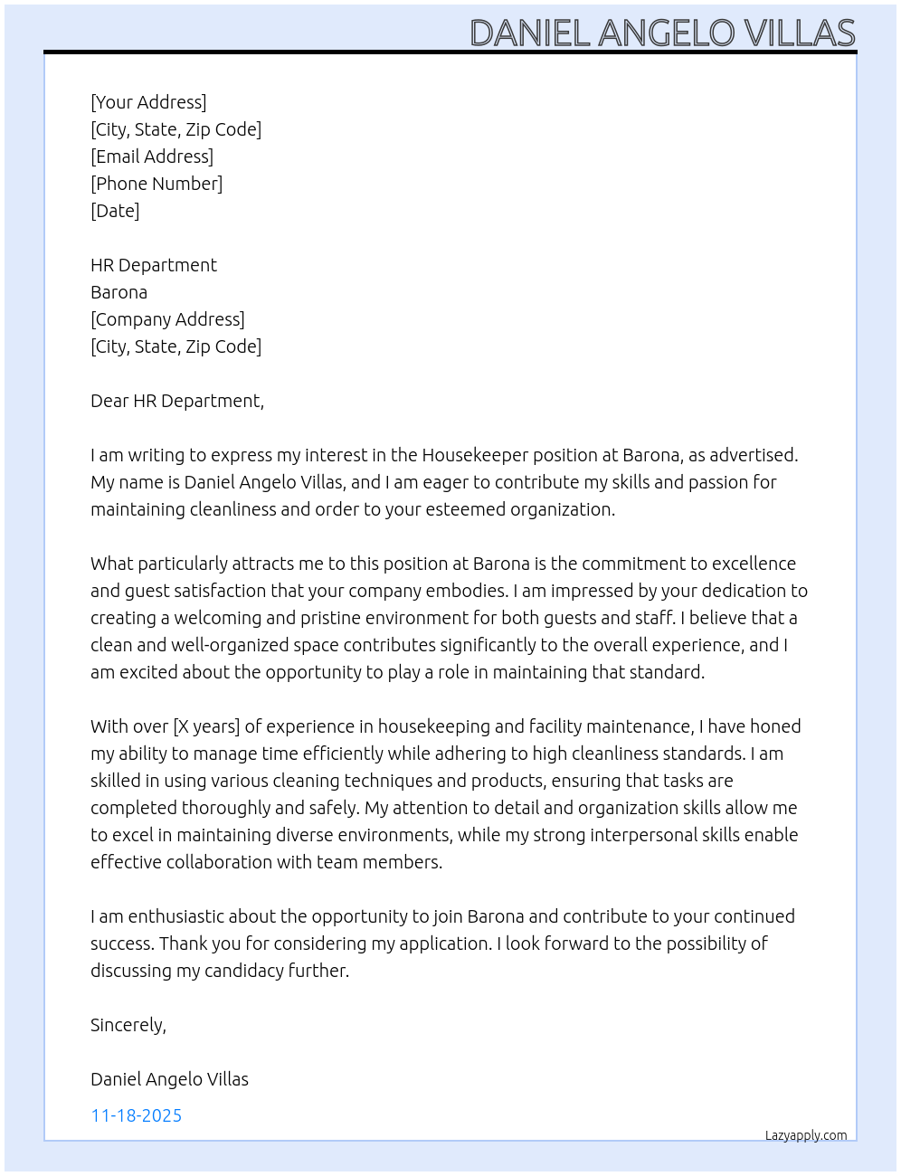 Cover letter for housekeeper - LazyApply