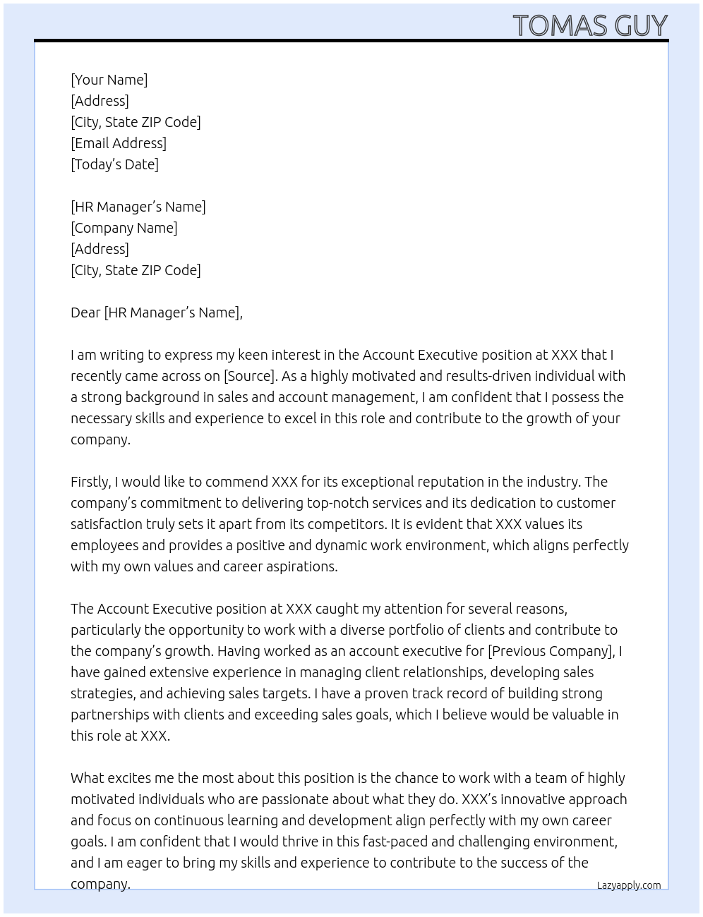 account executive At XXX Cover Letter