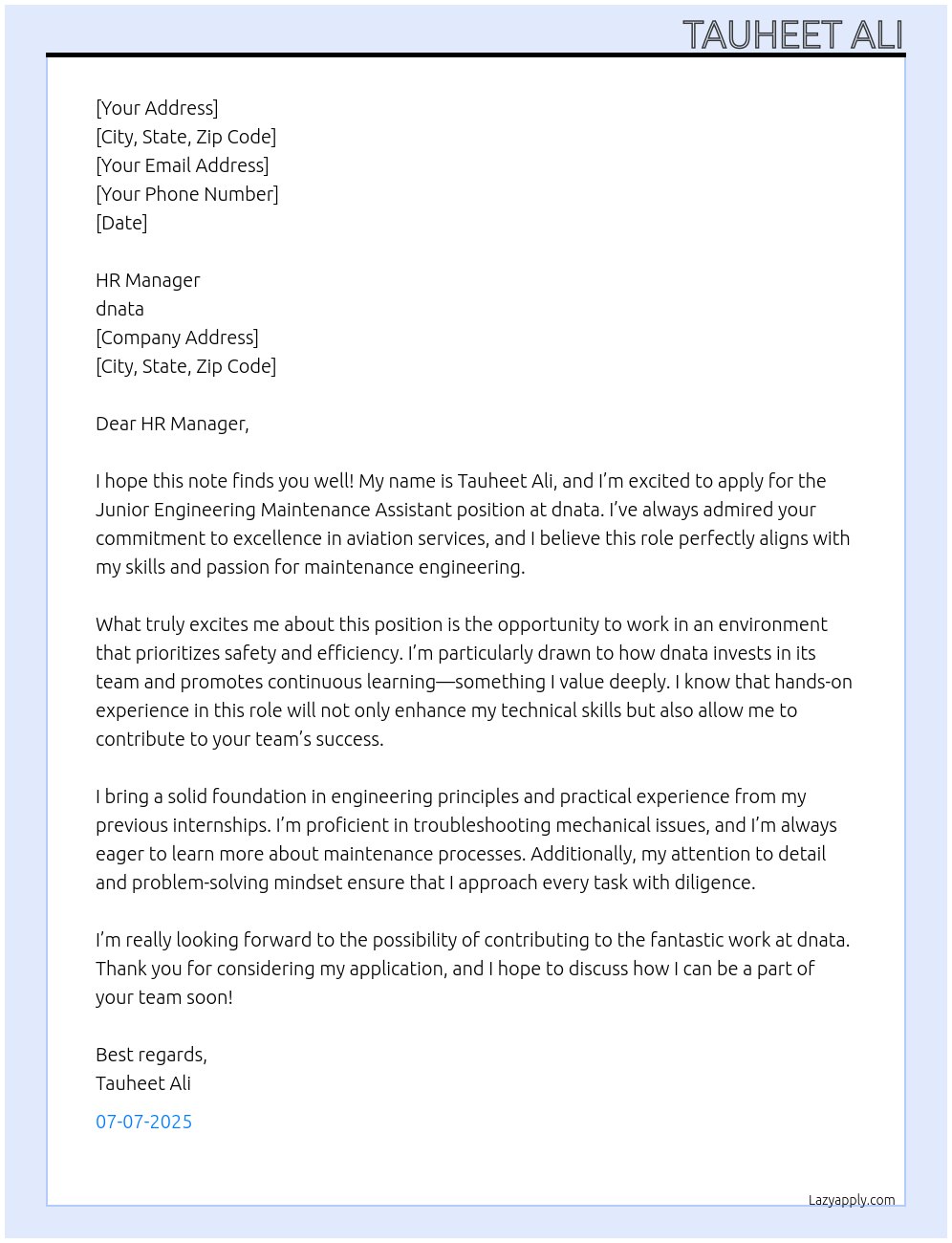 Junior Engineering Maintenance Assistant At dnata Cover Letter