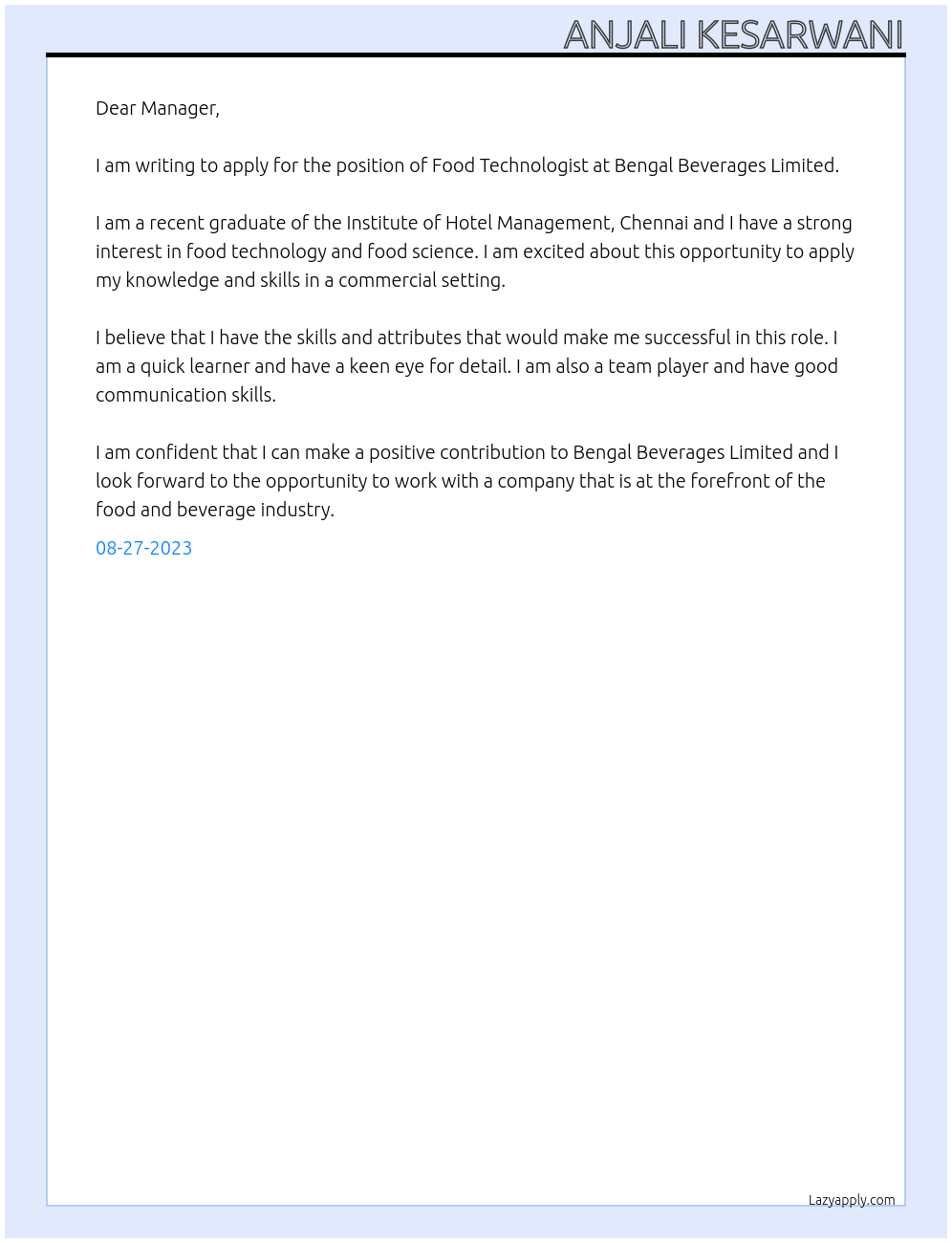 food technologist At Bengal Beverages Limited Cover Letter