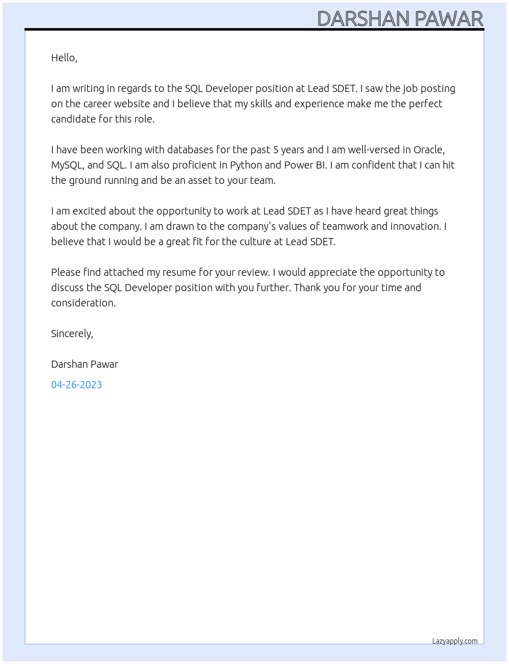 SQL Developer At Lead SDET Cover Letter