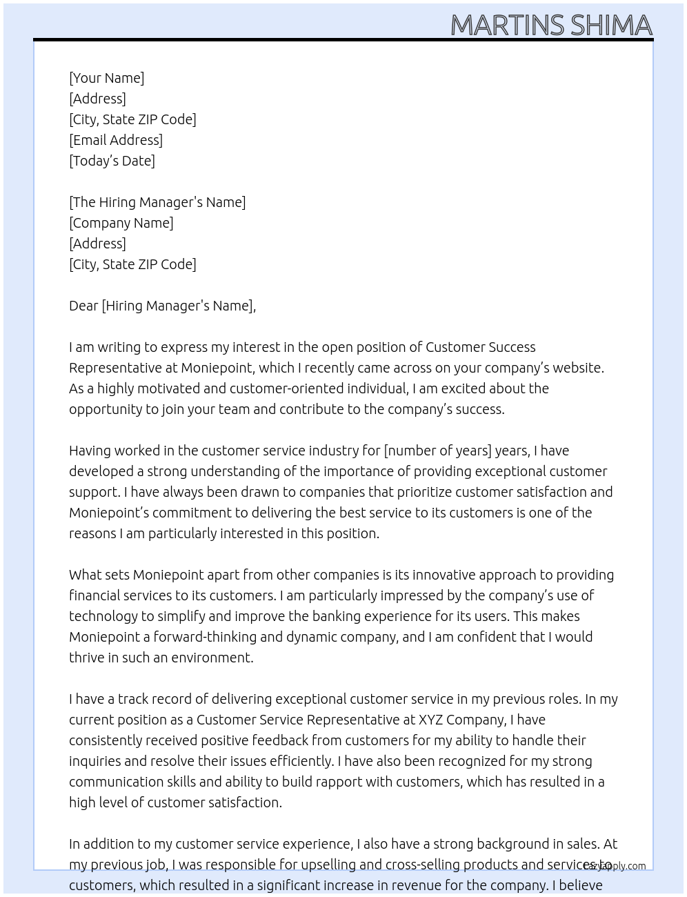 Customer success representative At Moniepoint Cover Letter