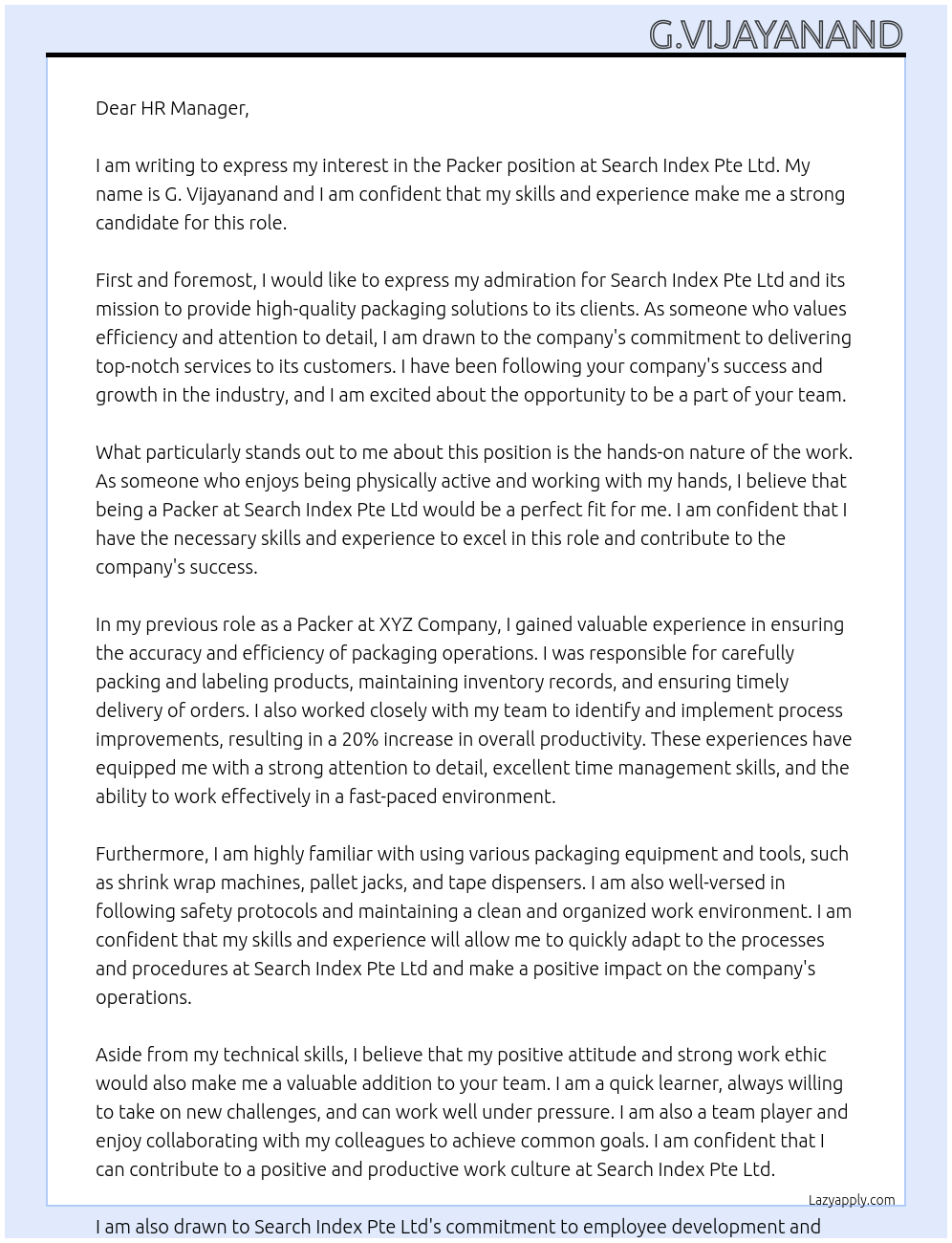 Packer At Search index pte ltd Cover Letter