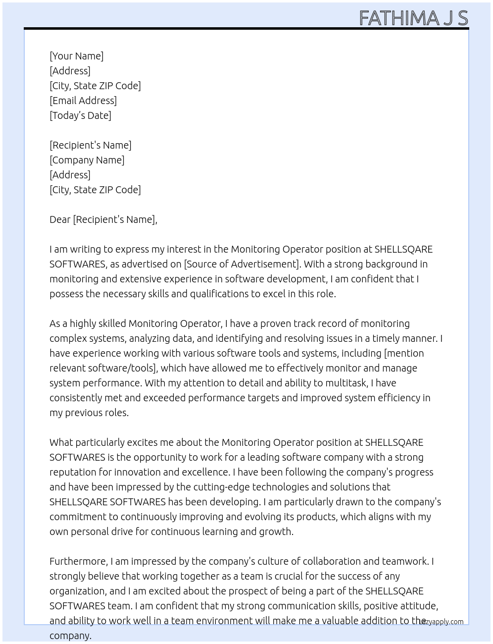 Monitoring Operator At SHELLSQARE SOFTWARES Cover Letter