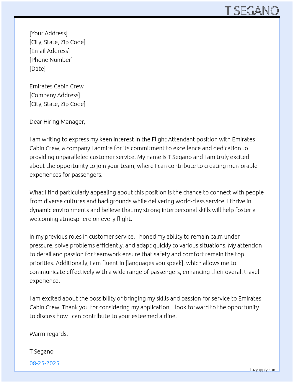 Flight Attendant At Emirates Cabin Crew Cover Letter