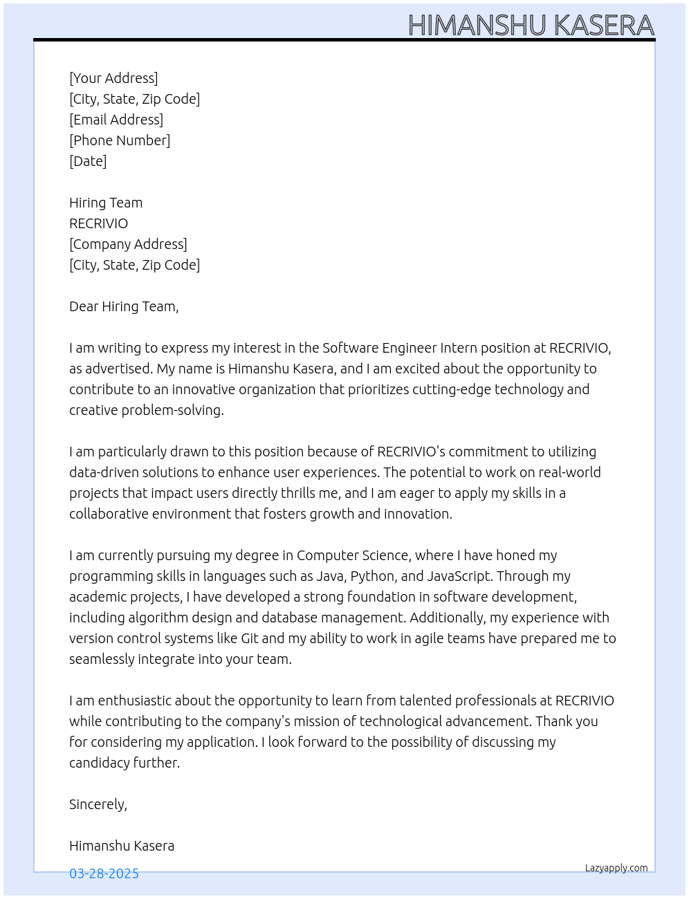 Software Engineer Intern At RECRIVIO Cover Letter
