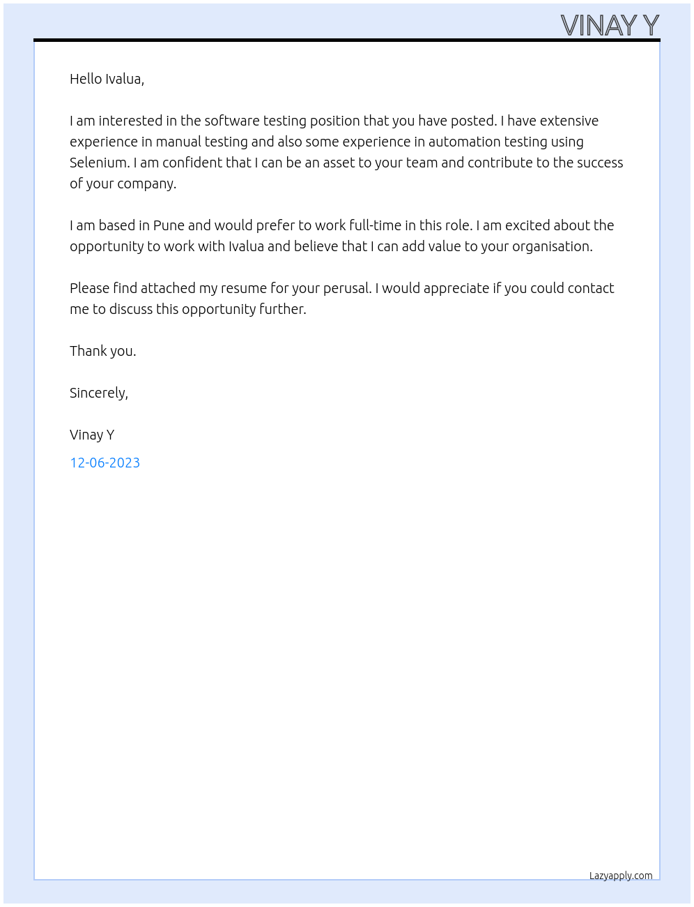 Software testing At Ivalua Cover Letter