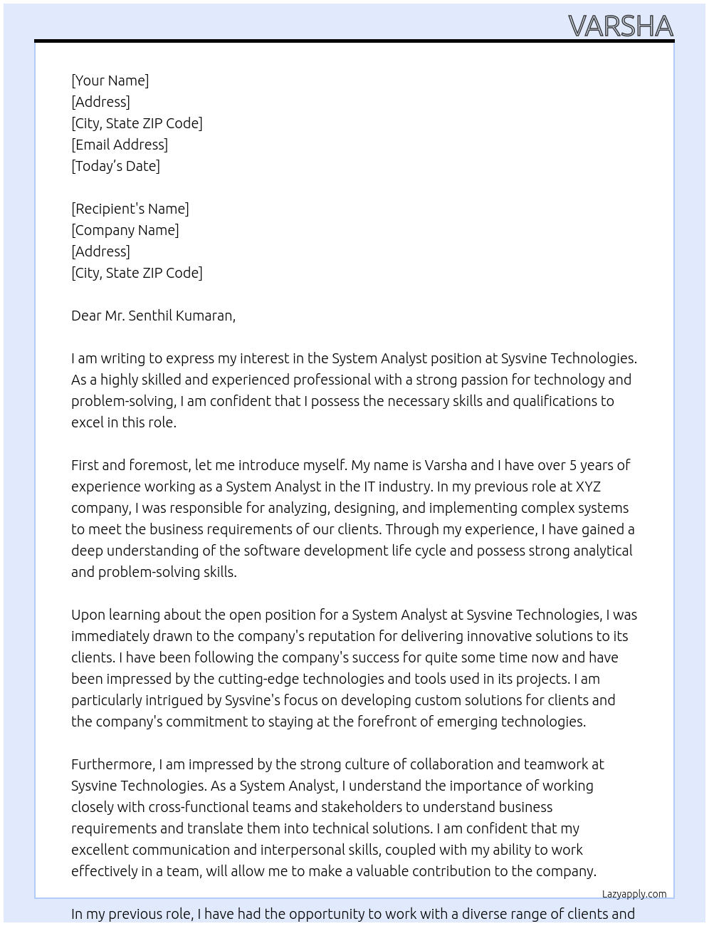 System analyst At Sysvine Technologies Cover Letter