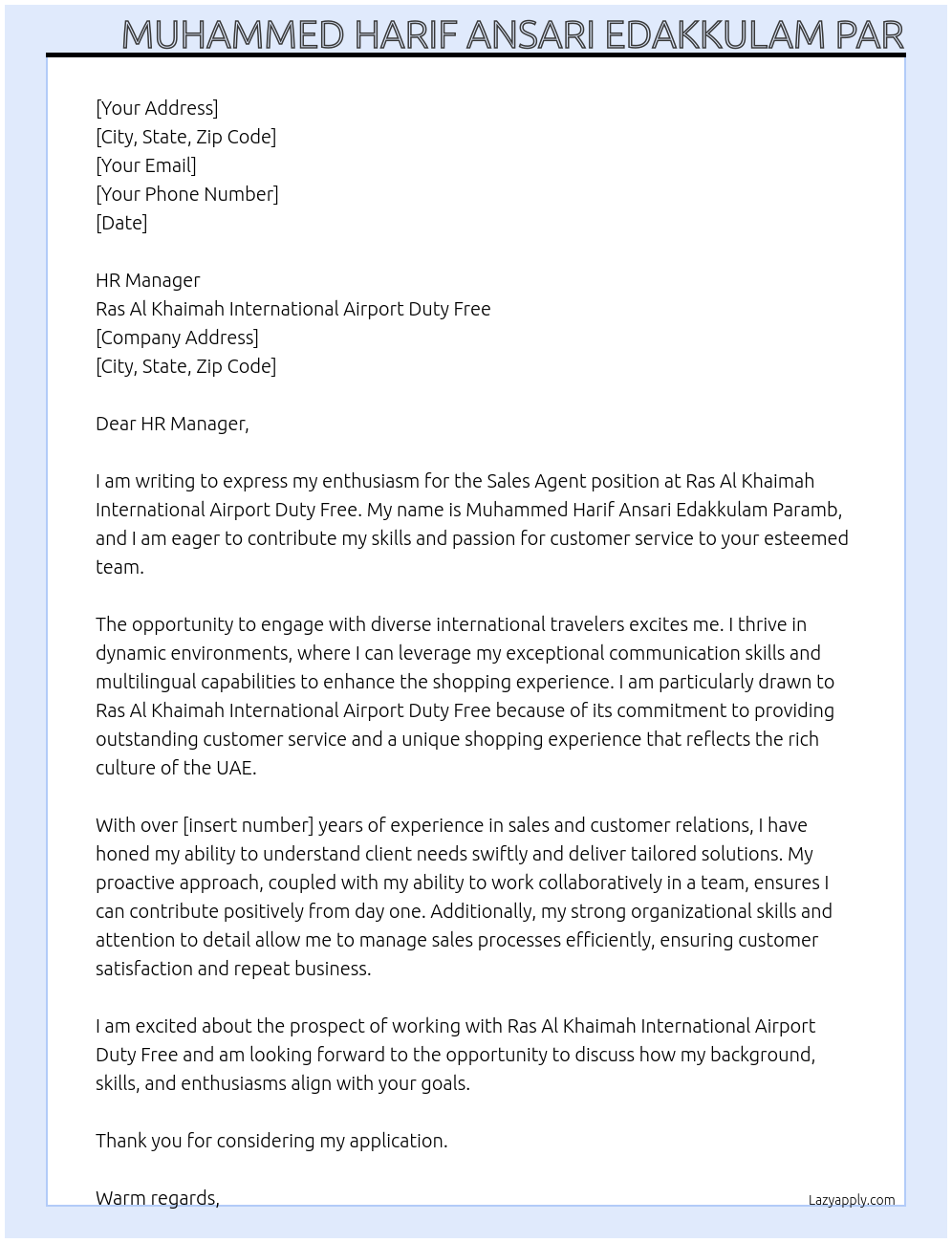 Sales agent At Ras al khaima inter national airport duty free Cover Letter