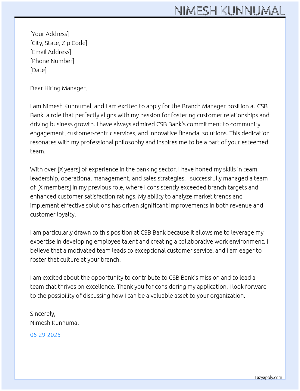 Branch Manager At CSB Bank Cover Letter