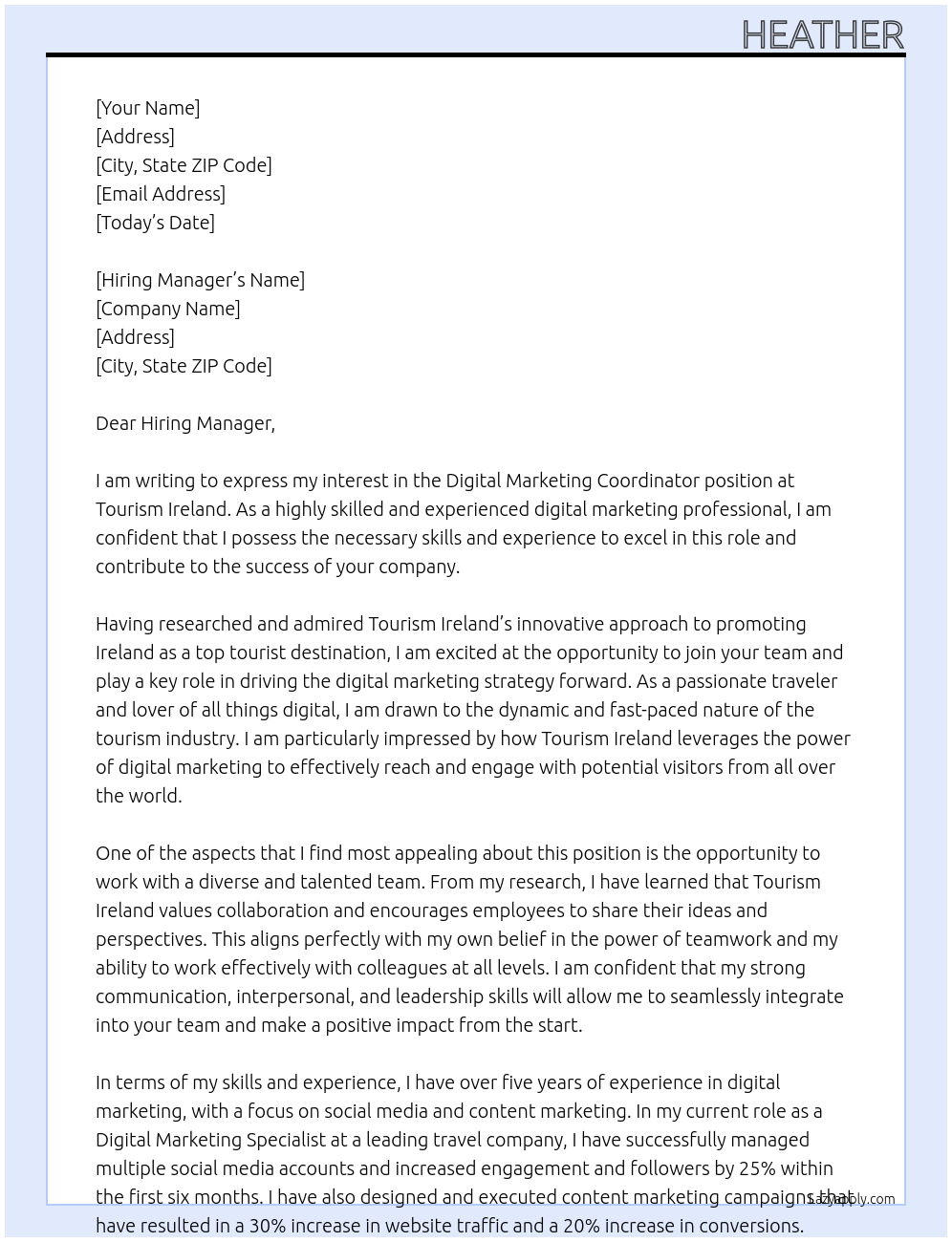 Digital Marketing Coordinator At Tourism Ireland Cover Letter