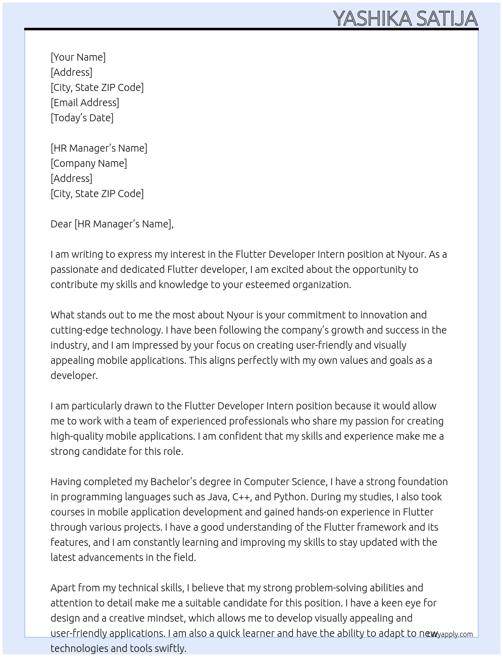Flutter Developer INtern At Nyour Cover Letter