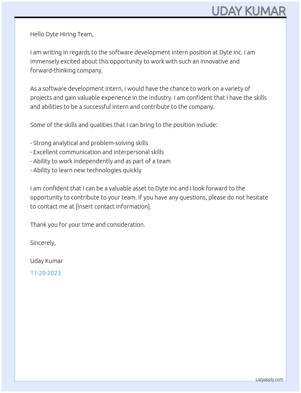 Software development intern At Dyte Inc Cover Letter