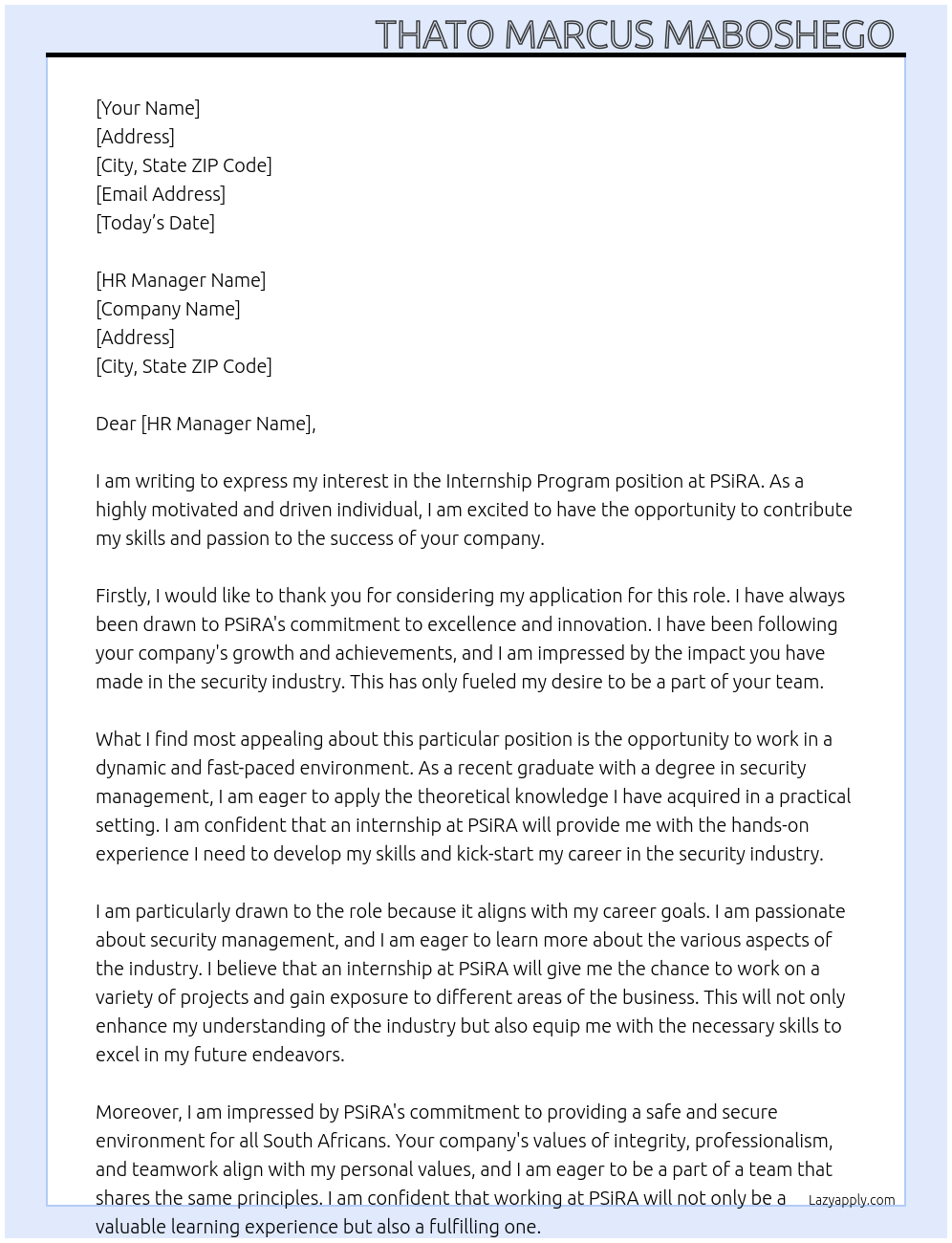 Internship program At PSiRA Cover Letter