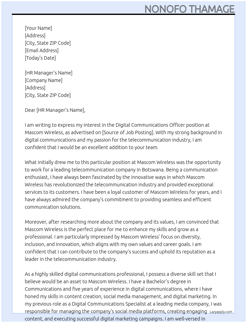 Digital Communications Officer At Mascom Wireless Cover Letter