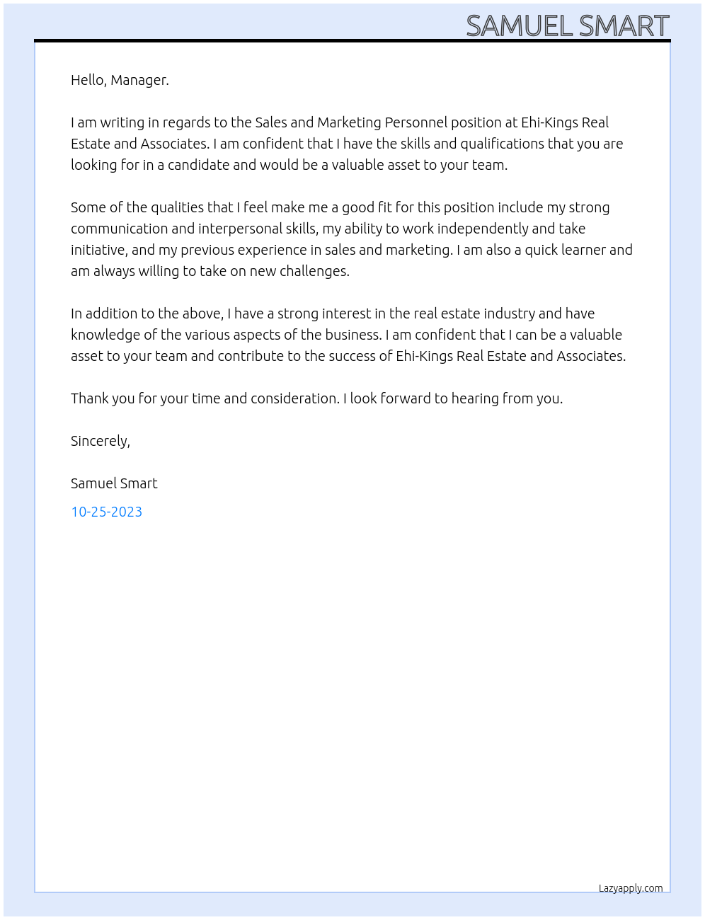 Cover letter for sales and marketing personnel - LazyApply