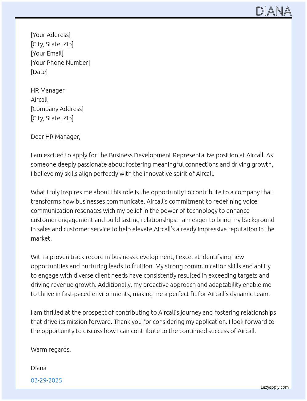 Business development representative At Aircall Cover Letter