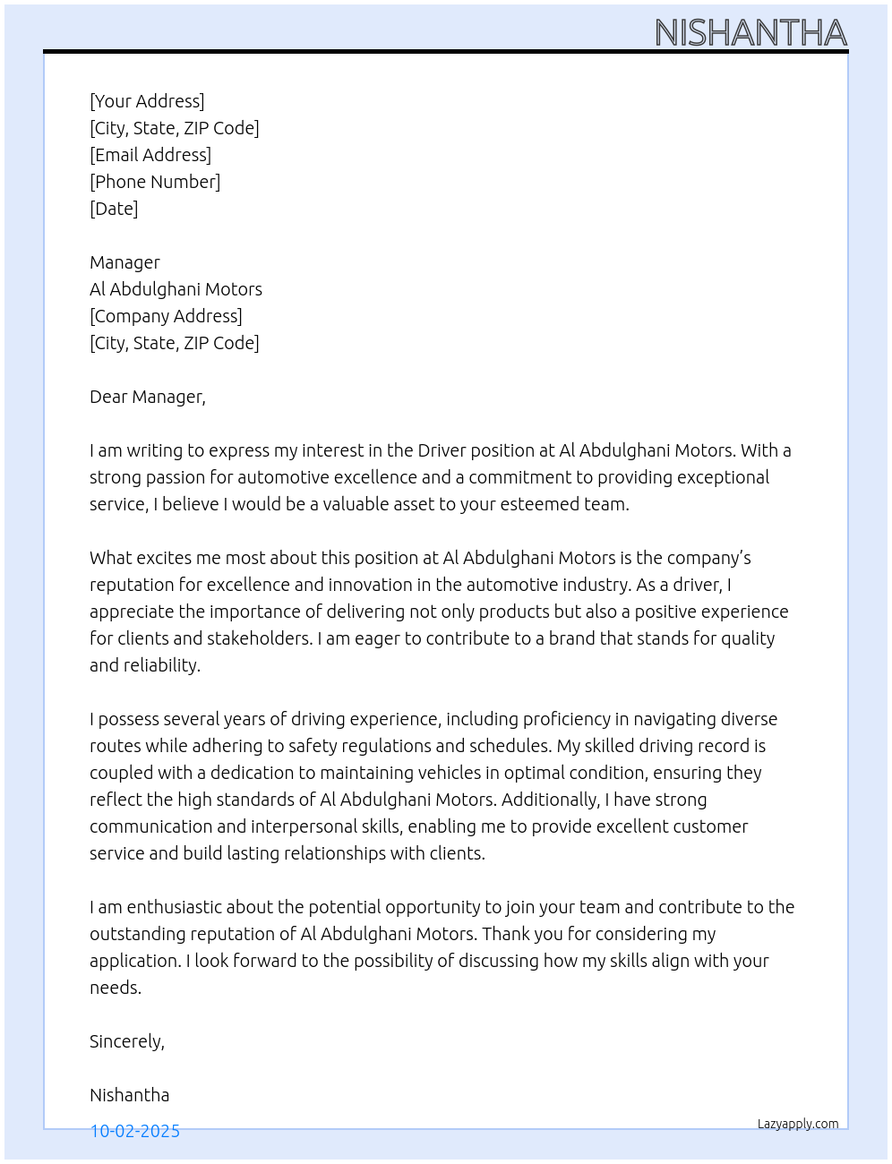 Driver At Al Abdulghani MOtors Cover Letter