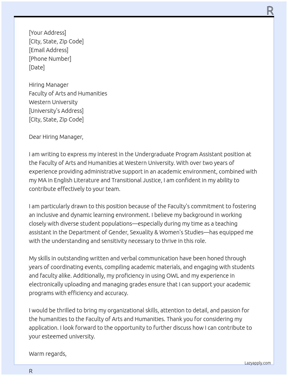 Cover letter for undergraduate program assistant - LazyApply