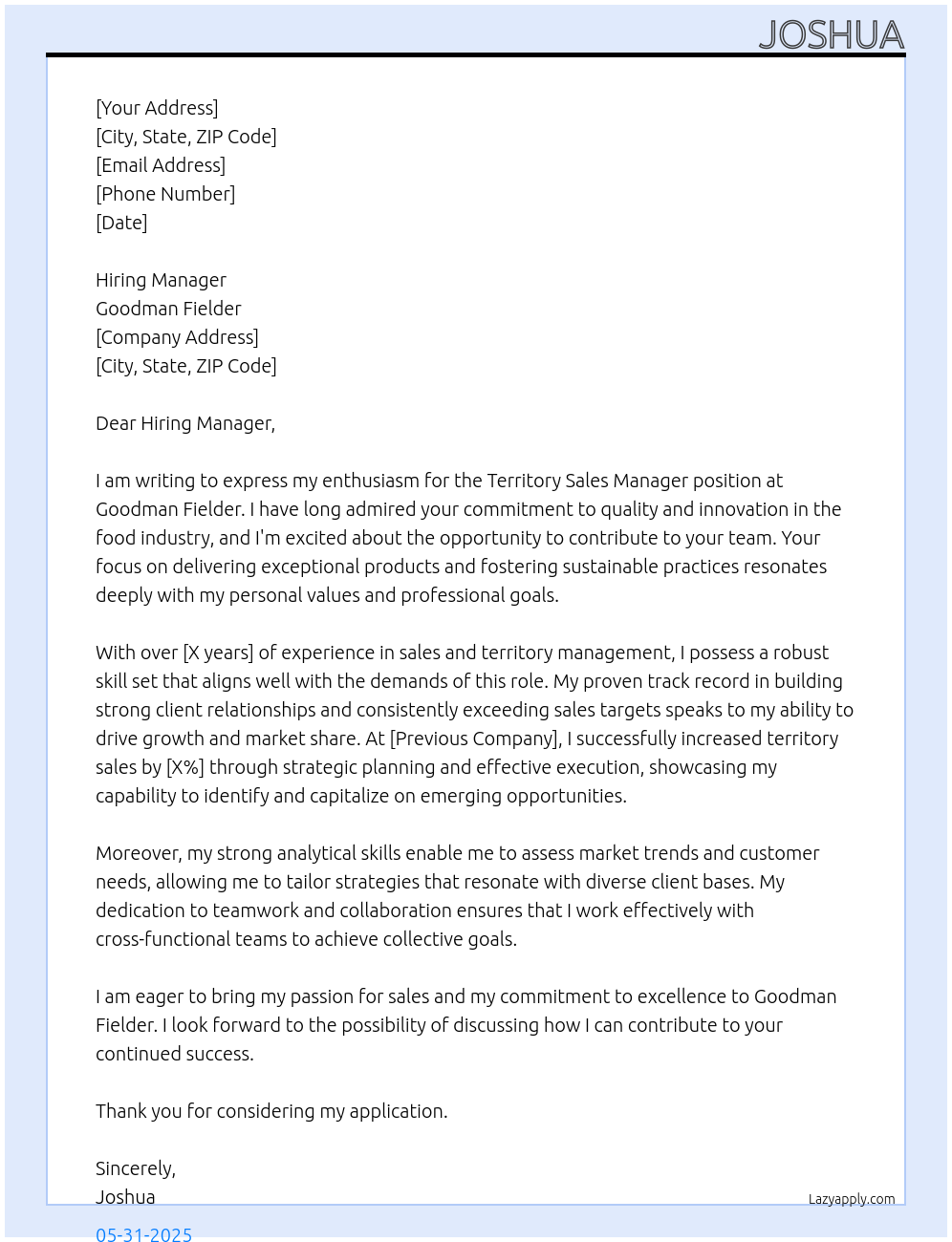 Territory Sales Manager At Goodman Fielder Cover Letter