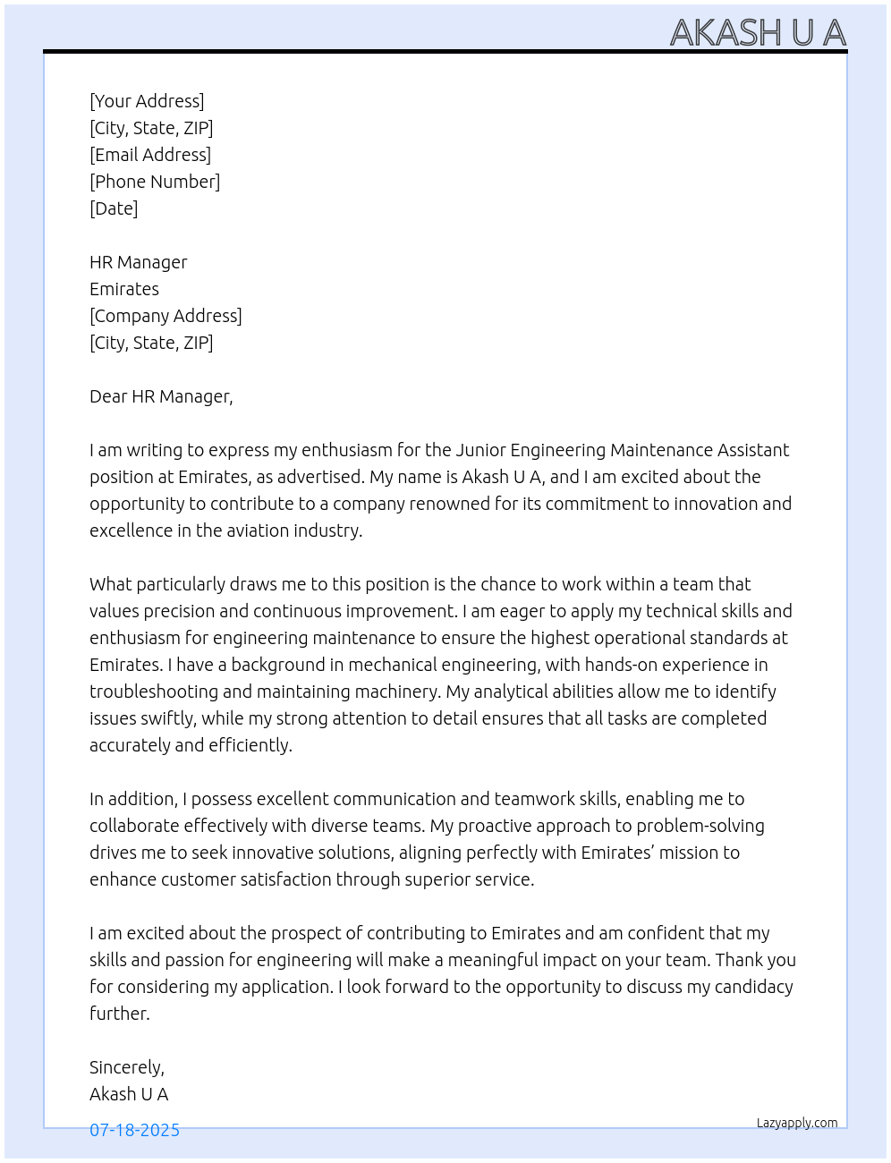 Junior Engineering Maintenance Assistant At emirates Cover Letter