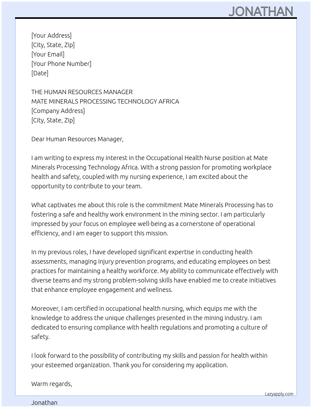 Cover letter for occupational health nurse - LazyApply